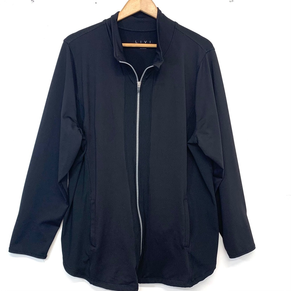 LIVI Lane Bryant Black Full Zip Ribbed Panel Active Track Jacket Pockets 26/28
